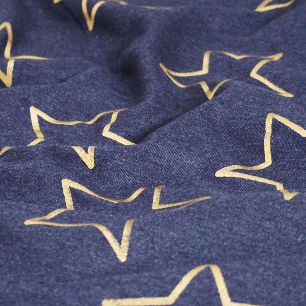 French Terry jeansblau mit goldenen Sternen